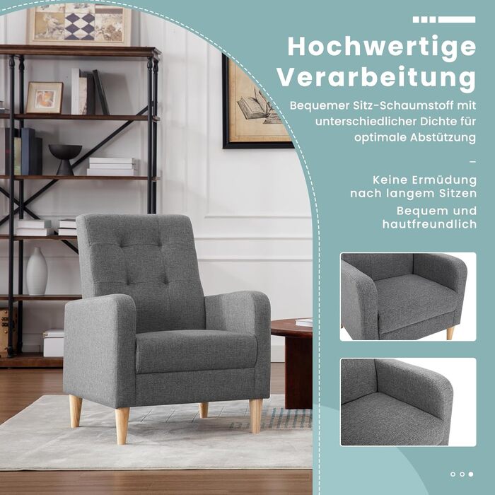 Крісло-підлокітник WOLTU з підлокітниками, ніжки з масиву дерева, підходить для вітальні, спальні або балкону, сучасне, лляний чохол, темно-сірий