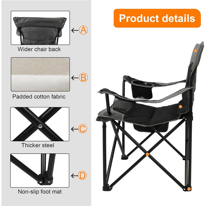 Складаний кемпінговий стілець Northroad, м&39який складний стілець з підставками для чашок та боковими кишенями, витримує до 136 кг, портативний рибальський стілець для пікніків, активного відпочинку на свіжому повітрі, походів - чорний