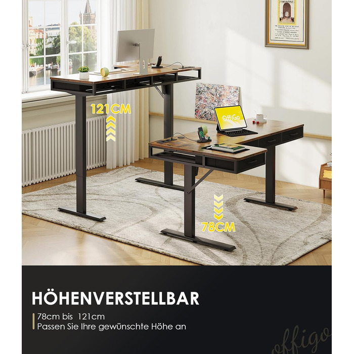 Кутовий стіл OffiGo, регульована висота, 160x80 см, Стіл з регульованою висотою та 4 шухлядами, електричний L-подібний стіл з розеткою для офісу та навчання, великий кутовий стіл, вінтажний коричневий, 160 x 80 см