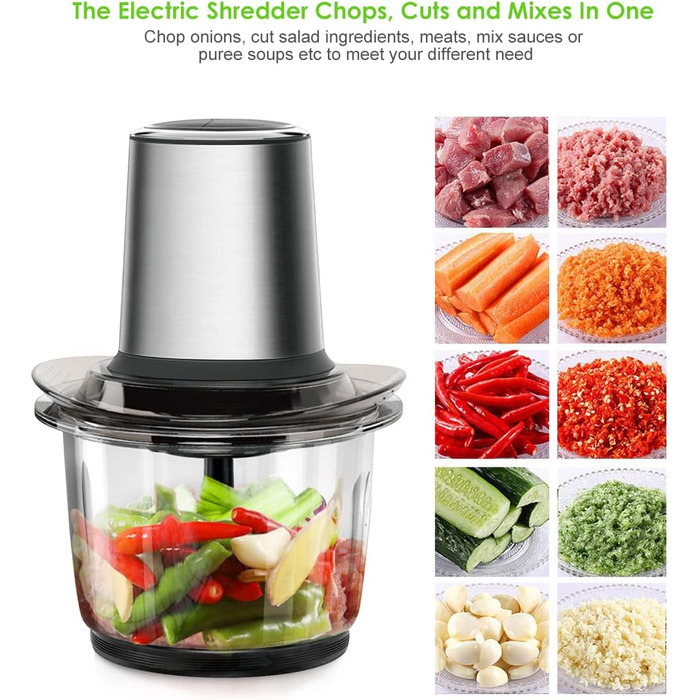 Електричний подрібнювач Multi-Chopper універсальний з чашею з нержавіючої сталі 1,5 л, 2 рівні швидкості Функція гальмування для м'яса, фруктів, овочів та дитячого харчування, срібло