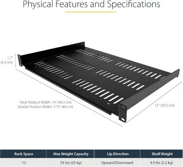 Дюймова полиця для мережевої шафи - Самонесуча перфорована стійкова полиця для серверної шафи/стійки - Фронтальне кріплення - Вантажопідйомність 25 кг - Глибина 30 см - Вентильована (SHELF-1U-12-FIXED-V) 305 мм, 1U 19-