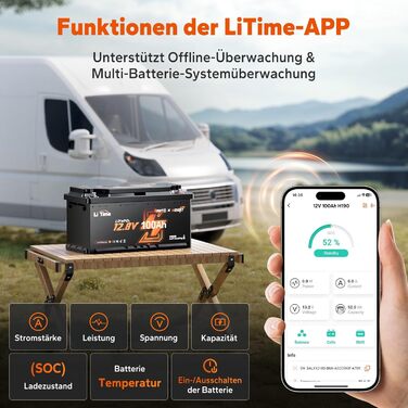 Акумулятор LiTime 12V 100Ah LiFePO4 з Bluetooth, розмір H190, 200A BMS, інтелектуальне нагрівання, 2C розряд, літій-іонний акумулятор 1280 Втгод, макс. 15000 циклів, ідеально підходить для автофургона, розмір DIN H8 L5, для кемпінгу 12V100Ah H190 2C Bluet