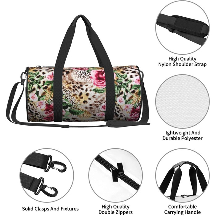 Спортивна сумка для подорожей, з принтом тигра та леопарда, троянди та квіти, чорна, універсальний розмір