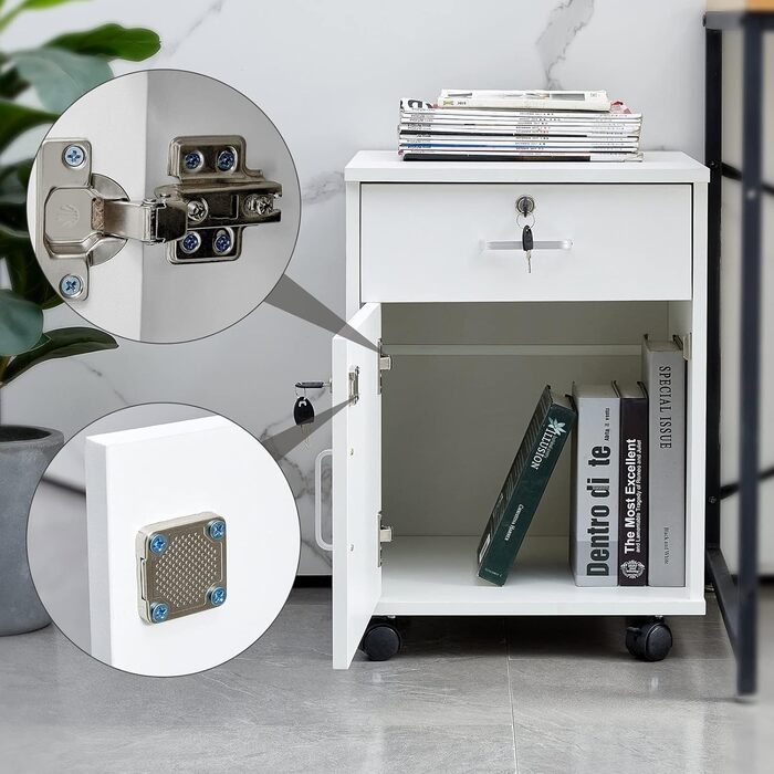 Шафа для документів на колесах із замком, дерев&39яна, з шухлядою та закритим місцем для зберігання, мобільна шафа під столом для паперу та папок формату А4, біла, 1 шухляда 1 дверцята для зберігання