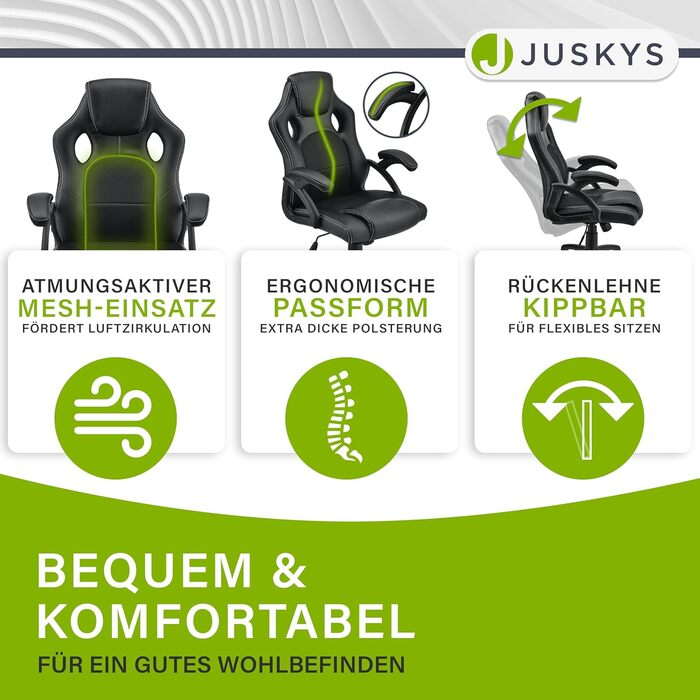 Ергономічне офісне крісло Juskys Racing Montreal з регульованою висотою та м&39яким покриттям, вантажопідйомність 120 кг, офісне крісло, обертове крісло, ігрове крісло для ПК - чорне, 111 см