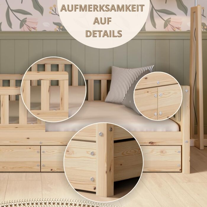 Дитяче ліжко з шухлядою 100x200 см Ліжко Монтессорі з масиву дерева із захистом від падіння Безпечне дитяче ліжко Скандинавський дизайн, легке складання Crazy Basic 200 x 100 см з натурального дерева з шухлядами
