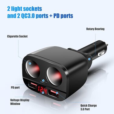Вт USB C автомобільний зарядний пристрій прикурювач розподільник адаптер розгалужувач 2 розетки швидка зарядка 12V/24V DC зі світл