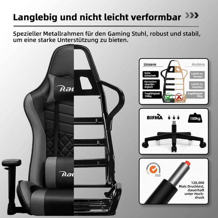 Геймерське крісло, офісне крісло з функцією гойдання до 170, ігрове крісло з регульованою поперековою подушкою, підлокітниками та підголівником, геймерське крісло зі зручними подушками сидіння, ігрове крісло вантажопідйомністю 150 кг