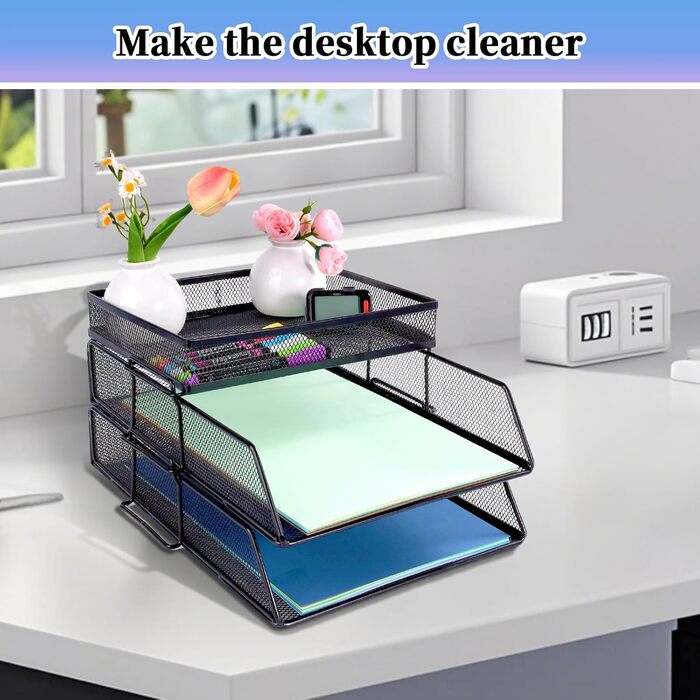 Рівневий сітчастий органайзер, штабелюваний настільний органайзер з верхнім тримачем для канцелярського приладдя, лотки для паперових документів та листів для офісу, школи та дому, чорний 2-рівневий, 2-