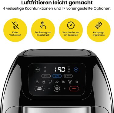 Багатофункціональна цифрова фритюрниця Chefman гриль, дегідратор, конвекція, 17 попередньо встановлених сенсорних екранів, сімейний розмір XL 10 л, автоматичне вимкнення, велике вікно огляду, чорний Великобританія