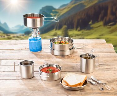 Кемпінгова сковорода Semptec Urban Survival Technology набір посуду для кемпінгу з нержавіючої сталі з 24 предметів, столовими приборами та сумкою (набір каструль, набір сковорідок)