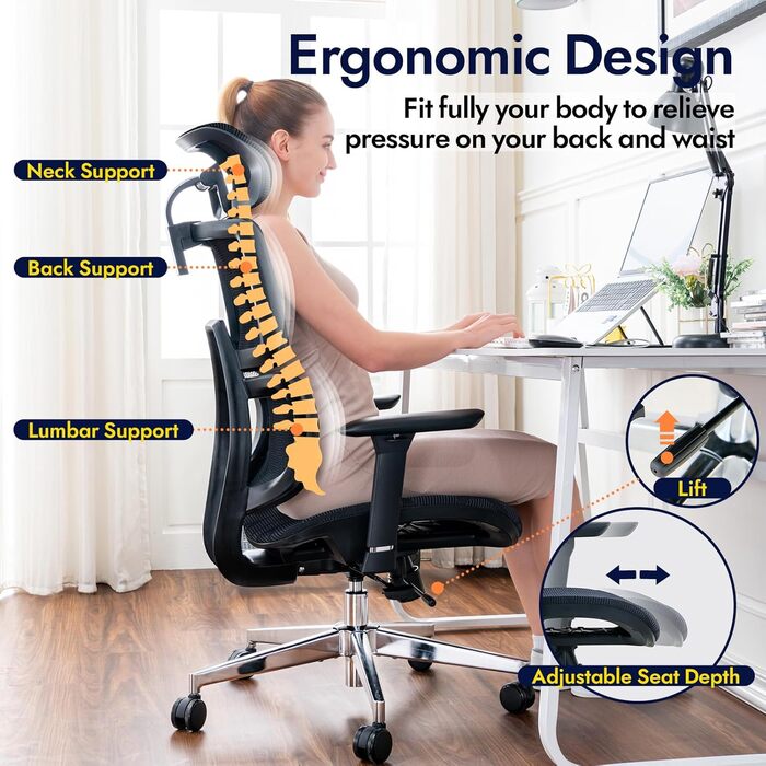Ергономічне офісне крісло, висока спинка з сітчастого покриття та поперековою опорою, ігрове крісло з регульованими 3D-підлокітниками та підголівником, велике та високе поворотне комп&39ютерне крісло, вантажопідйомність 150 кг, чорна смужка