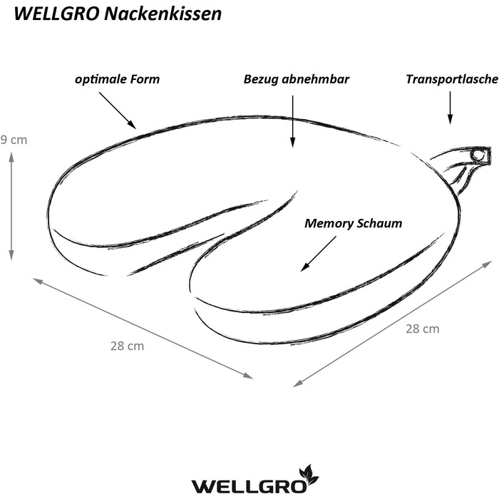 Подушка для шиї WELLGRO зі знімним чохлом - піна з ефектом пам&39яті - дорожня подушка на блискавці, включаючи транспортувальний ремінь - приблизно 28x28x9 см (ДxШxВ) колір на вибір, колір чорний