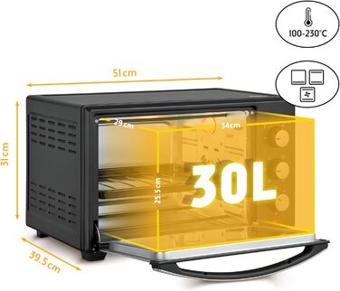 Літрова міні-піч 1600 Вт чорний Верхній/нижній нагрів до 230 градусів Плавне регулювання температури Таймер на 60 хвилин Подвійні скляні двері Міні-піч Лоток для крихт 30 л Аналогічні, 30-