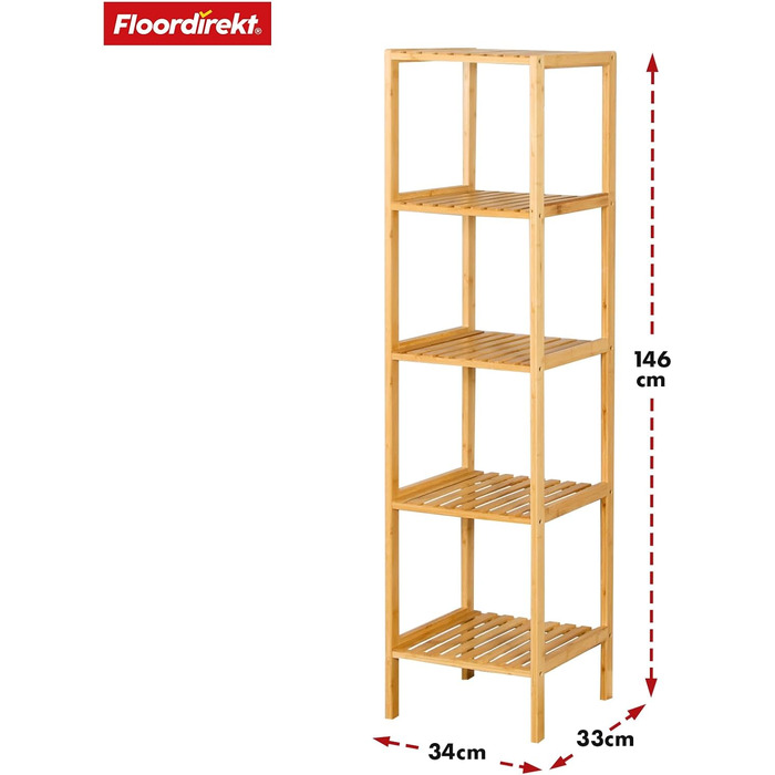 Бамбукова полиця Floordirekt, вузька окремостояча полиця для ванної кімнати, спальні, вітальні, дерев&39яна полиця з 3/5 полицями, розмір полиці 34 x 33 x 146 см (Lowa) (5 полиць)