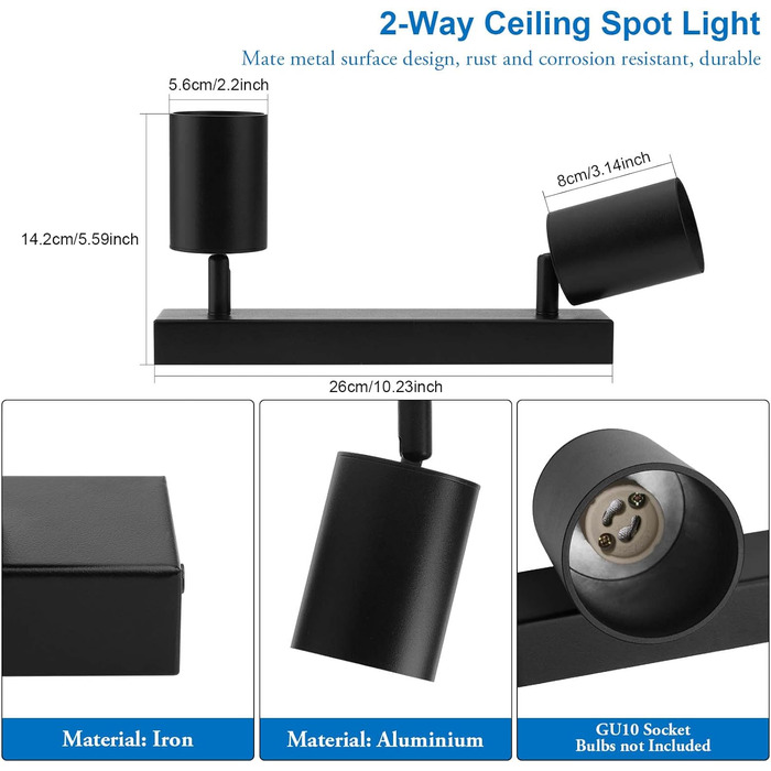 Стельовий прожектор 2 полум'я чорний, GU10 Стельовий світильник Прожектор поворотний, точковий світильник поворотний стельовий спо