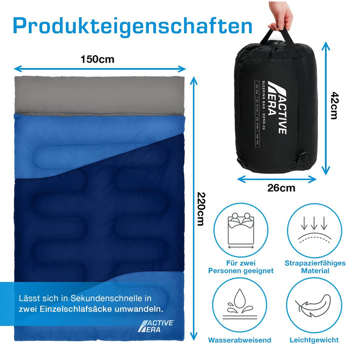 Теплий спальний мішок-мумія Active Era Professional 300, 300 г/м, двошаровий наповнювач, 3-4 сезони, для кемпінгу, походів, активного відпочинку на природі (синій), синій спальний мішок-мумія з двоспальним ліжком