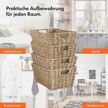 Кошик для зберігання з морської трави VonHaus, 4 плетені кошики Ручно плетені кошики з морської трави для зберігання у ванній кімнаті на полицях Плетені кошики з натуральної морської трави з ручками для ванної кімнати та домашнього офісу, набір з 4 шт.