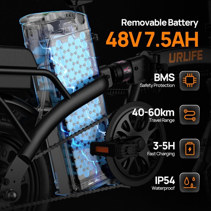 Складаний електровелосипед URLIFE 14&quot, 48 В 7,5 Аг, змінний акумулятор для великої дальності до 60 км, електричний велосипед, двигун 250 Вт, 3 режими їзди, регульована висота сидіння, складаний електровелосипед Pedelec для чоловіків та жінок, чорний