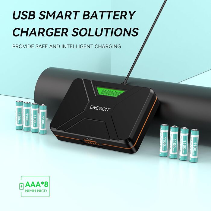 Швидкий зарядний пристрій ENEGON на 8 відсіків для батарейок AA/AAA з РК-дисплеєм 8 акумуляторних нікель-металгідридних батарейок AAA (1100 мАг), зарядна станція USB-C з відділенням для зберігання для пультів дистанційного керування, термометрів та електр