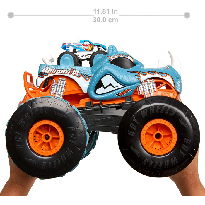 Машинка на дистанційному управлінні Hot Wheels Monster Trucks, кабріолет Rhinomite в масштабі 112 з іграшковою вантажівкою Race Ace в масштабі 164, можна перетворити на стартер, HPK27