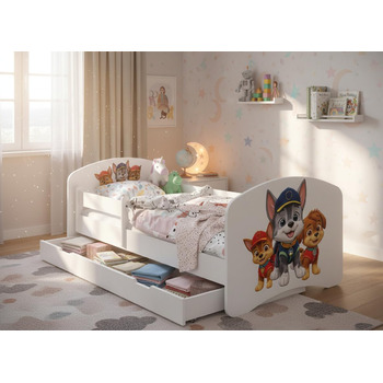 Дитяче ліжко Happy Babies із захистом від падіння для хлопчиків, 160x80 см, для дитячих кімнат з шухлядою, матрац, односпальне ліжко для дітей, біле, синє, з мотивом собаки