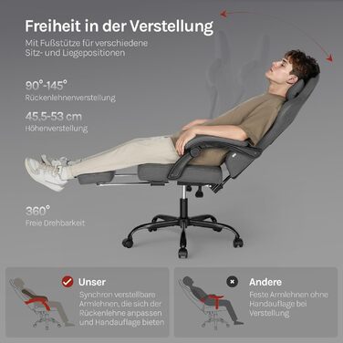 Ігрове крісло WOLTU з функцією масажу, ергономічне комп&39ютерне крісло, пружинні подушки Pocket Spring, масаж поперекового відділу хребта, підголівник, підставка для ніг, обертове крісло, 150 кг, технічна тканина, сіро-жовто-сіра технічна тканина