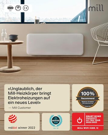 Електричний радіатор Mill Invisible WIFI 1300 Вт, розумний енергозберігаючий електричний обігрівач для 15-19 м, електричний радіатор для ванної кімнати, настінний обігрівач, електричний радіатор, розроблений у Норвегії - білий 15-19 м