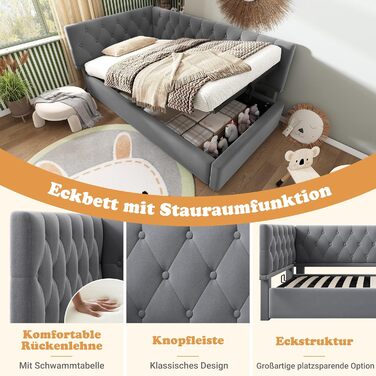 М&39яке ліжко, односпальне ліжко, дитяче ліжко 90x200 см, диван-ліжко/кушетка з гідравлічним відділенням для зберігання, кушетка/дитяче ліжко, каркас ліжка зі спинкою та рейковою основою з дерева, оксамит, без матраца (сірий)