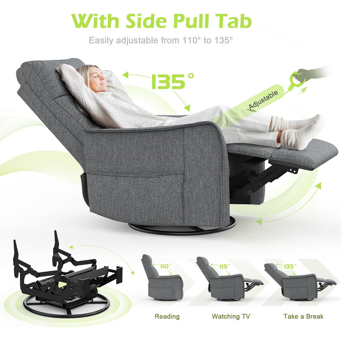 Крісло для телевізора/масажне крісло з функцією відкидання, крісло для релаксації з підігрівом та масажем, крісло для телевізора з поворотом на 360 для вітальні, крісло-гойдалка з м&39яким підголівником, 2 бічні кишені, сірий