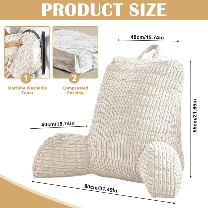 Подушка для читання зі спинкою для ліжка та дивана Ергономічна спинка 80x55 см для дорослих, для читання, перегляду телевізора та ігор (бежева)