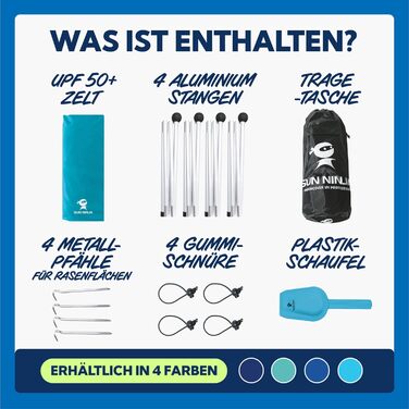 Пляжний намет SUN NINJA з UPF 50 - Сонячний навіс, пляжне вітрило з лопатою для піску та кілочками - Пляжний намет для немовлят із захистом від ультрафіолету 50 - Пляжний намет для 4 осіб - Бірюзовий