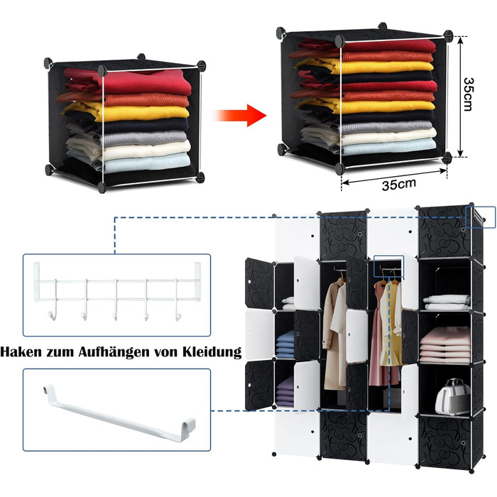 Система полиць для гардеробу HENGMEI з дверцятами, пластик ПП, для зберігання одягу та книг, самостійне складання, вставний стелаж (20 коробок з дверцятами, з 2 рейками для одягу, чорний)