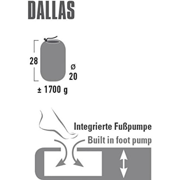 Надувний легкий матрац High Peak Dallas, вбудований ножний насос, килимок для сну, для кемпінгу, фестивалів, подорожей, трекінгу, пляжу, в комплекті мішок для речей, компактний, 197x70 см, товщина 10 см, 1700 г