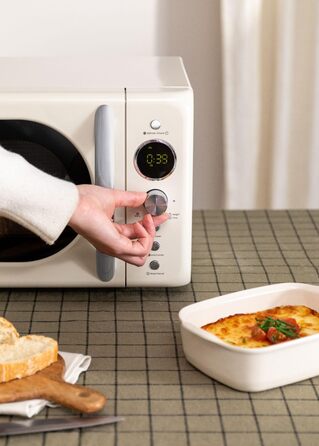 СТВОРИТИ/МІКРОХВИЛЬОВА ПІЧ РЕТРО/Цифрова мікрохвильова піч з функцією гриля кремово-білий/ретро стиль, ємність 20 л, посуд Ø245 мм, 3 програми, 9 попередньо встановлених меню, багатоступеневе приготування, РК-дисплей