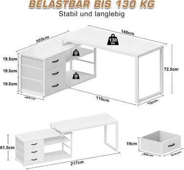 Г-подібний письмовий стіл з 3 шухлядами та місцем для зберігання речей, 140 x 105 x 75 см. Двосторонній кутовий письмовий стіл, Г-подібний письмовий стіл з 2 USB-портами для зарядки та 2 розетками, білий. 140 x 105 x 75 см. Білий