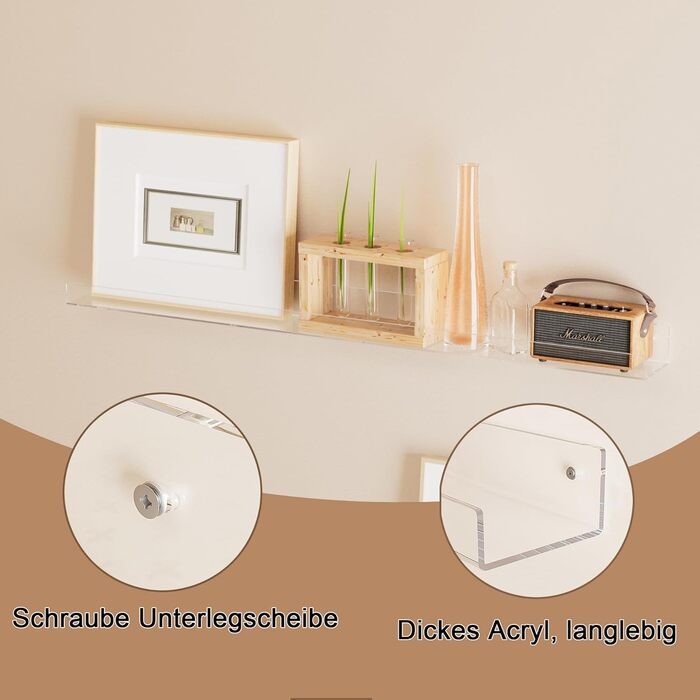 Настінна довга полиця з прозорого акрилу 91,4 см, 2 шт., пересувні акрилові книжкові полиці, настінне кріплення з невидимим карнизом