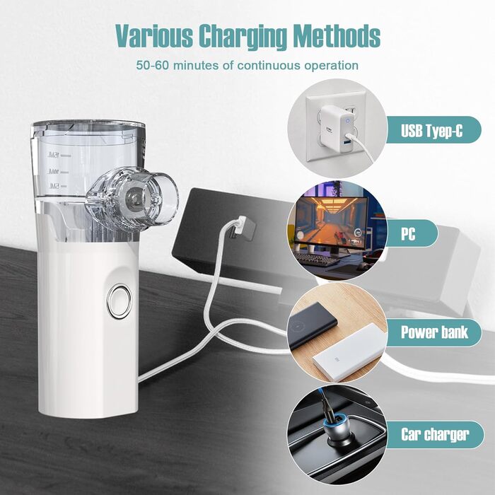 Інгалятор YSWOVUO, інгалятор для дорослих і дітей, небулайзерний інгалятор USB C, супер тихий інгалятор, з 2 масками і 1 мундштуком, портативний, для подорожей і вдома