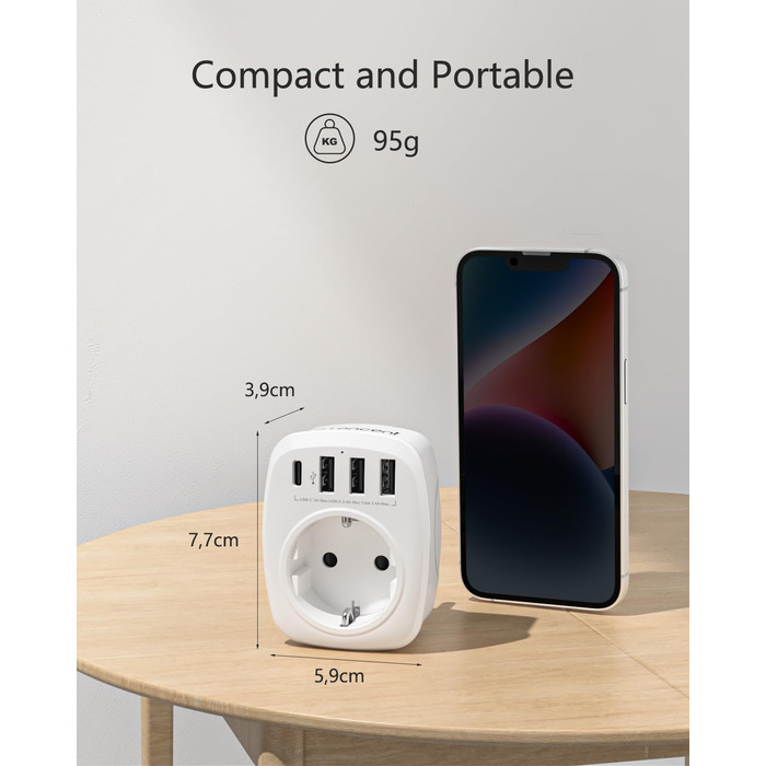 Розетка з декількома вилками EU адаптер 5-в-1 розетка розетка адаптер з 3 портами USB зарядного пристрою 2.4А, 1 портом Type-C 3А,