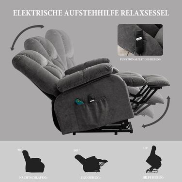 Регульоване крісло для телевізора Bosmiller з електричним підйомником, функцією обігрівача, масажу та підігріву, сірого кольору