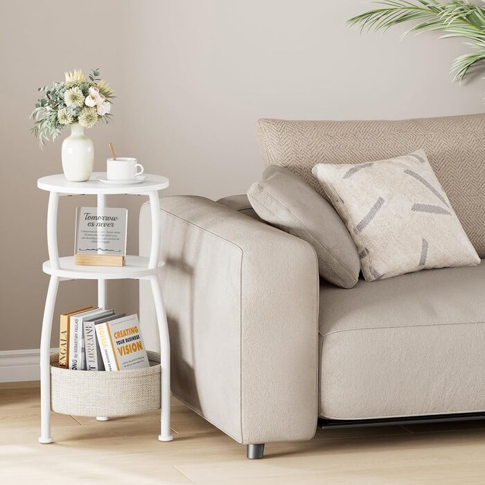 Круглий приставний столик, 3-ярусний круглий маленький столик, маленький журнальний столик, тумбочка біля ліжка, з тканинною кишенею, столик для вітальні, тканинний кошик, диванний столик для декору кімнати, дерево, метал, сучасний (білий)