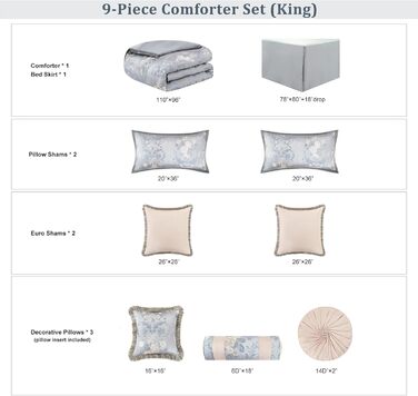 Комплект розкішної жакардової постільної білизни Loom and Mill 9 предметів для двоспальних ліжок, європейський квітковий дизайн, у