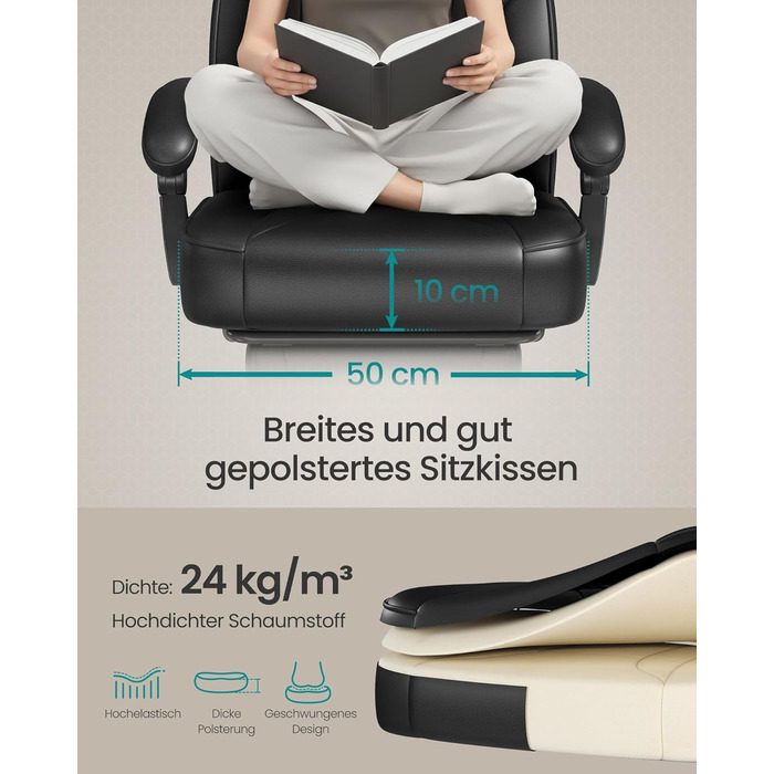 Ігрове крісло SONGMICS, офісне крісло з підставкою для ніг, робоче крісло з підголівником та поперековою опорою, регульована висота, ергономічне, вантажопідйомність до 150 кг, чорний колір OBG073B05 Колір чорнила чорний