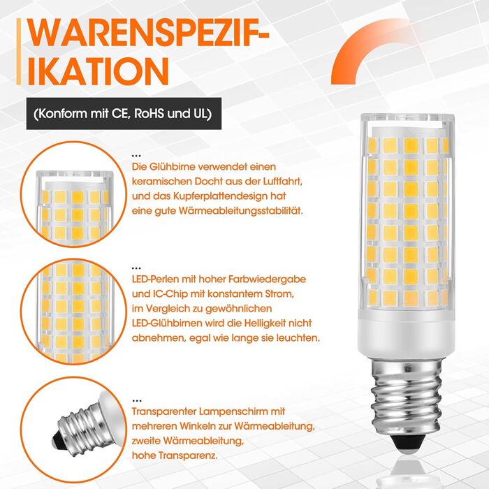 Лампа 5W-50W E12 галогенна лампа еквівалент AC220V-240V для холодильника, витяжки, швейної машини, настільних ламп, підвісних світильників, настінних світильників, стельових світильників Unknown (теплий білий 3000k, 2 шт.), 12 LED