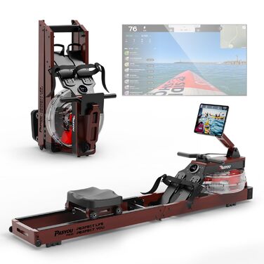 Гребний тренажер PASYOU для домашнього використання, дуб, складний водний гребний тренажер з Bluetooth-дисплеєм та 30-денним безкоштовним членством у Kinomap, гребний тренажер з регульованим тримачем для планшета, вантажопідйомність 150 кг, PW60 коричневи