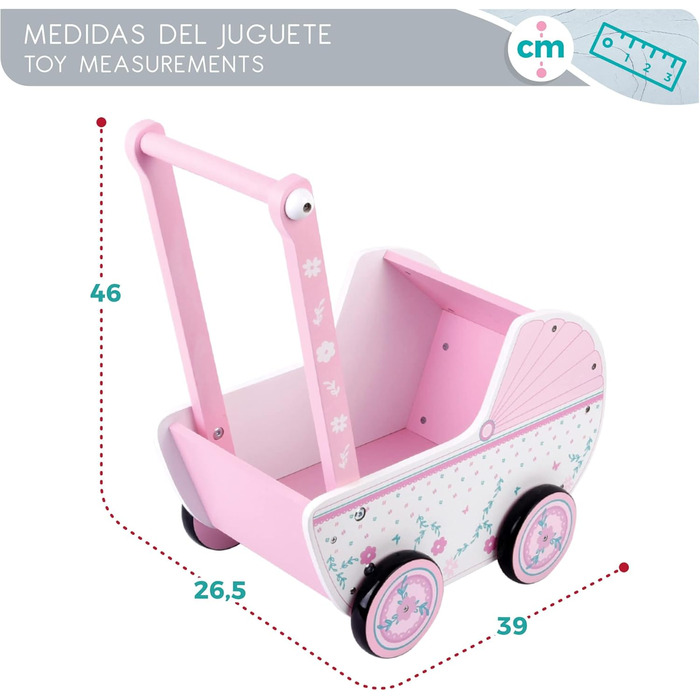 Дерев'яна, 26,5 x 39 x 46 см, рожево-біла, з колесами, для ляльок від 30-40 років, коляска для дитячих іграшок 3 роки, коляска для