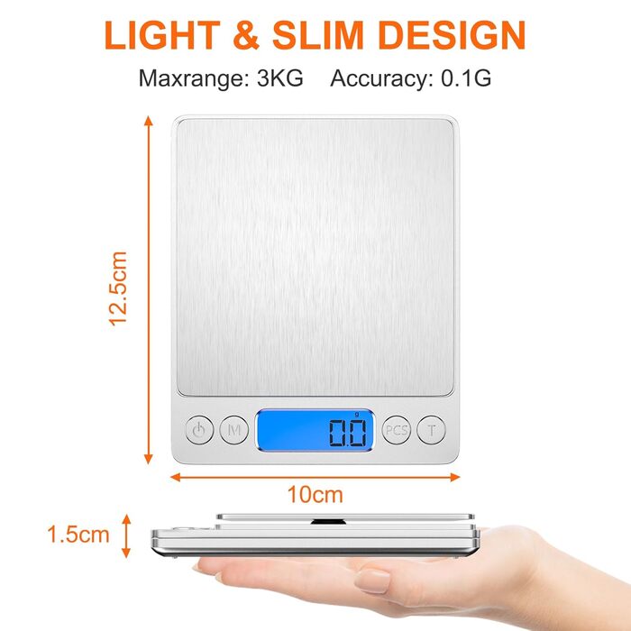 Кухонні ваги Gvolatee 3кг/0,1г електронні, цифрові ваги з нержавіючої сталі з РК-дисплеєм та функцією тари, точне автоматичне вирі