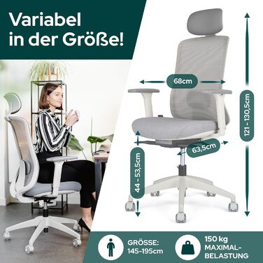 Ергономічне офісне крісло - Переможець тесту - Високо індивідуально регульоване офісне крісло з підголівником та поперековою опорою, 3D підлокітниками та дихаючою сіткою - Офісне крісло 150 кг (світло-сіре) з підголівником світло-сірий / сірий