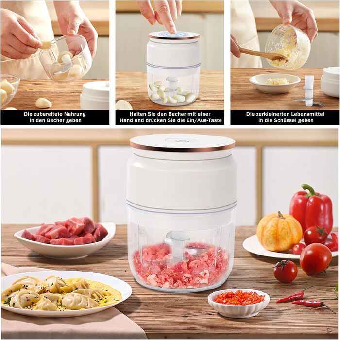 Подрібнювач цибулі, електричний подрібнювач, електричний подрібнювач цибулі, подрібнювач овочів, блендер, мульти та універсальний подрібнювач 300 мл робочий контейнер із зарядним кабелем (білий)