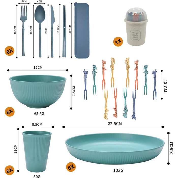 Частиний набір посуду для кемпінгу ідеальний вибір для сімейних обідів, пікніків та походів. Набір містить 61 предмет посуду у 6 кольорах., 61-